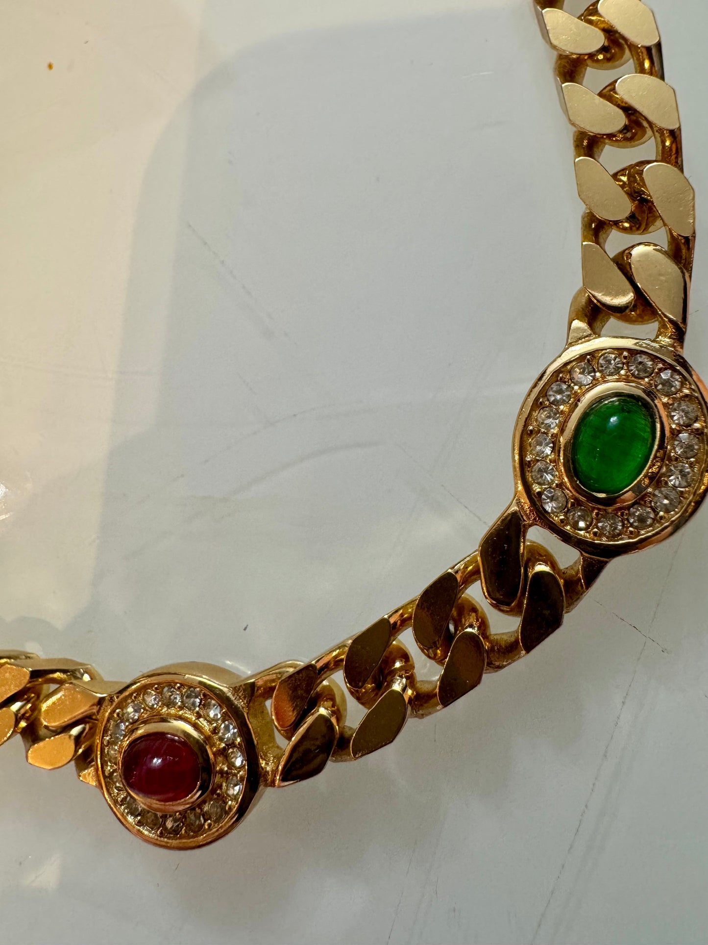 1990s vintage signed Dior gold tone necklace with Red, Blue and Green stones