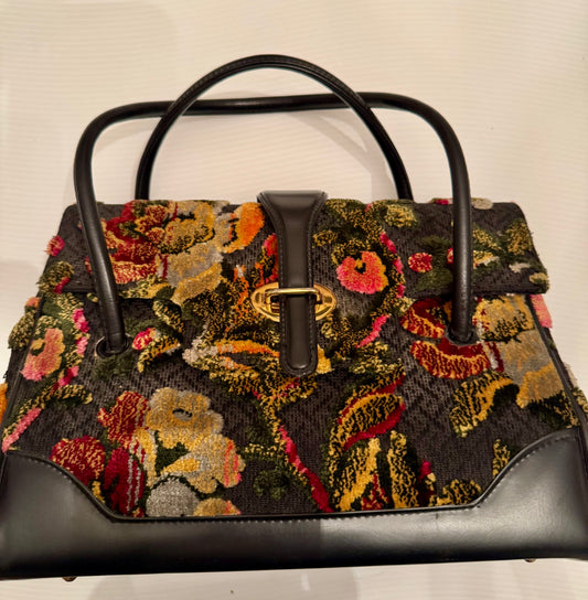 Vintage 1950s never worn black with floral print carpet bag