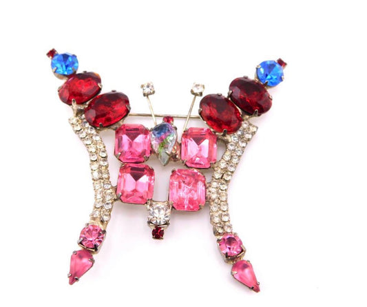 Vintage large Multi Colored molded glass Rhinestone 
BUTTERFLY Brooch