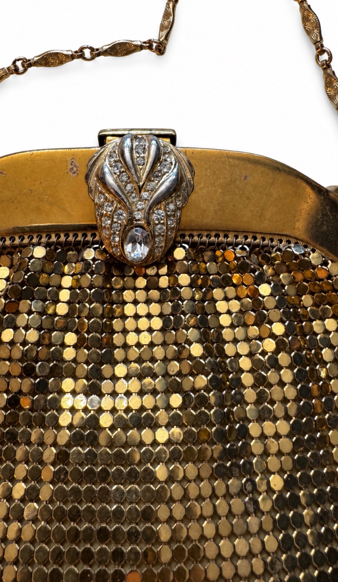 1940s Whiting and davis gold mesh bag with rhinestone clasp