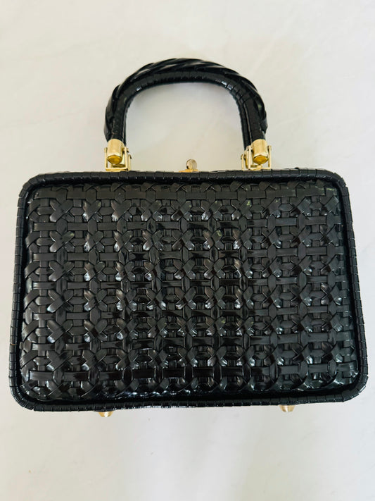 1950s black wicker bag with gold hardware