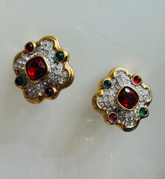 Vintage 1970s gold tone and rhinestone earrings