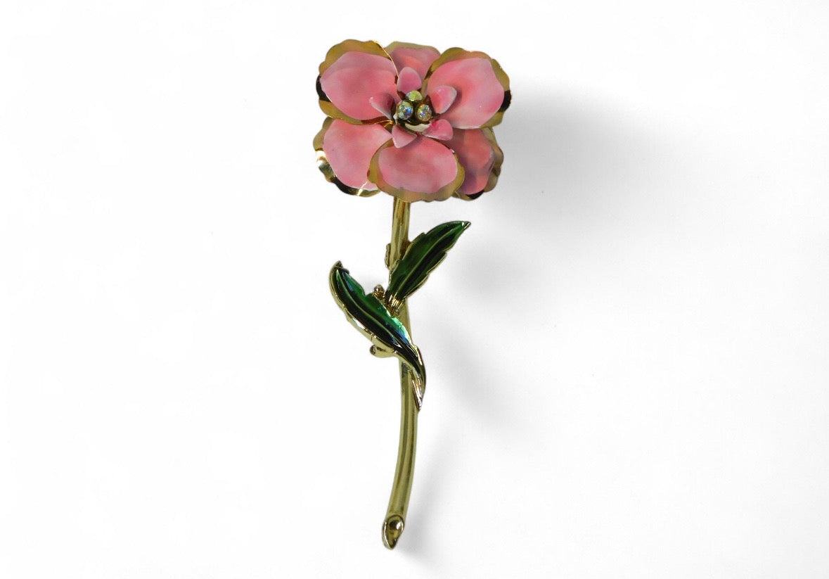 Beautiful 1960s Vintage Gold tone flower brooch with Pink Enamel Petals, Clear AB Rhinestones and Green Enameled Leaves