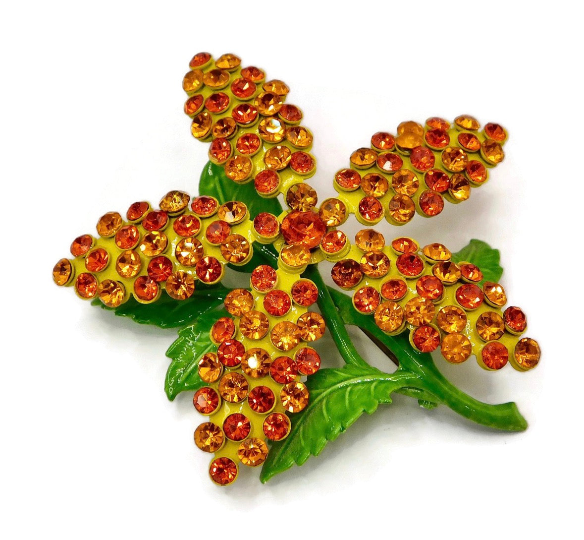 Fabulous 1960s Yellow and Green Metal Enameled Flower Brooch with Shades of Orange Rhinestones