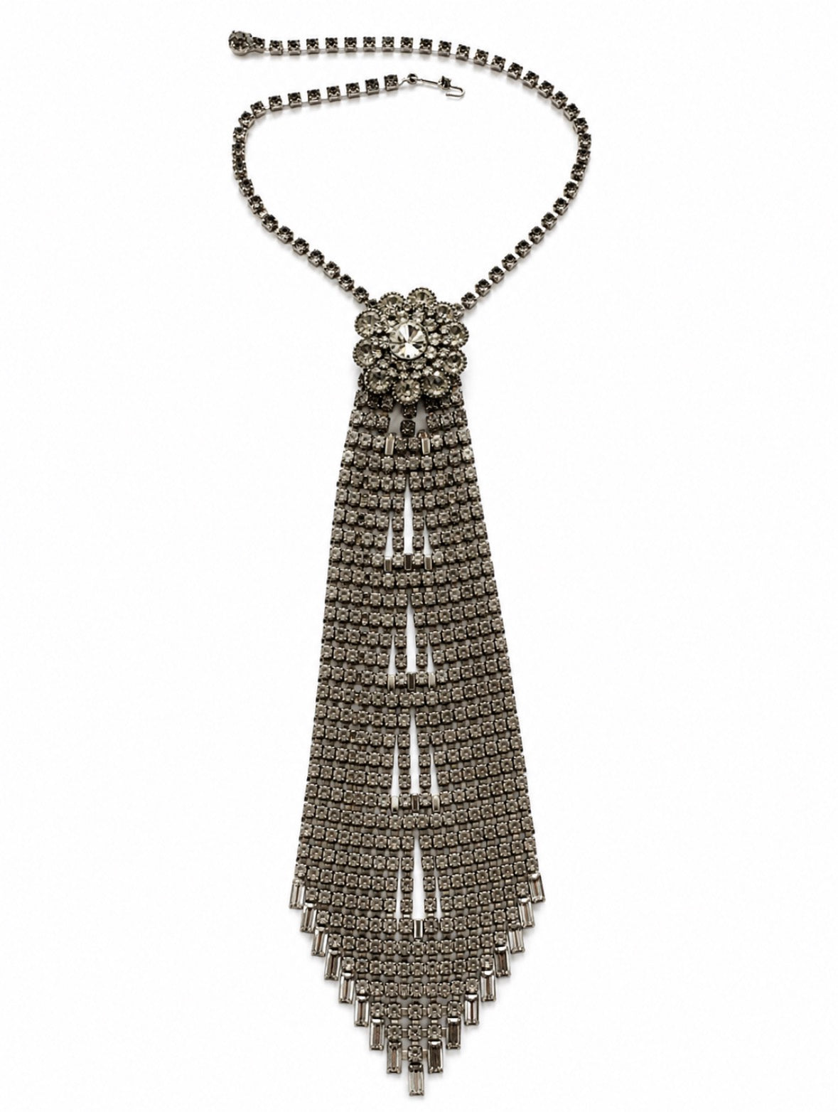 1940s very RARE rhinestone tie necklace. It's the actual length of a regular tie! Rhinestone flower at the top