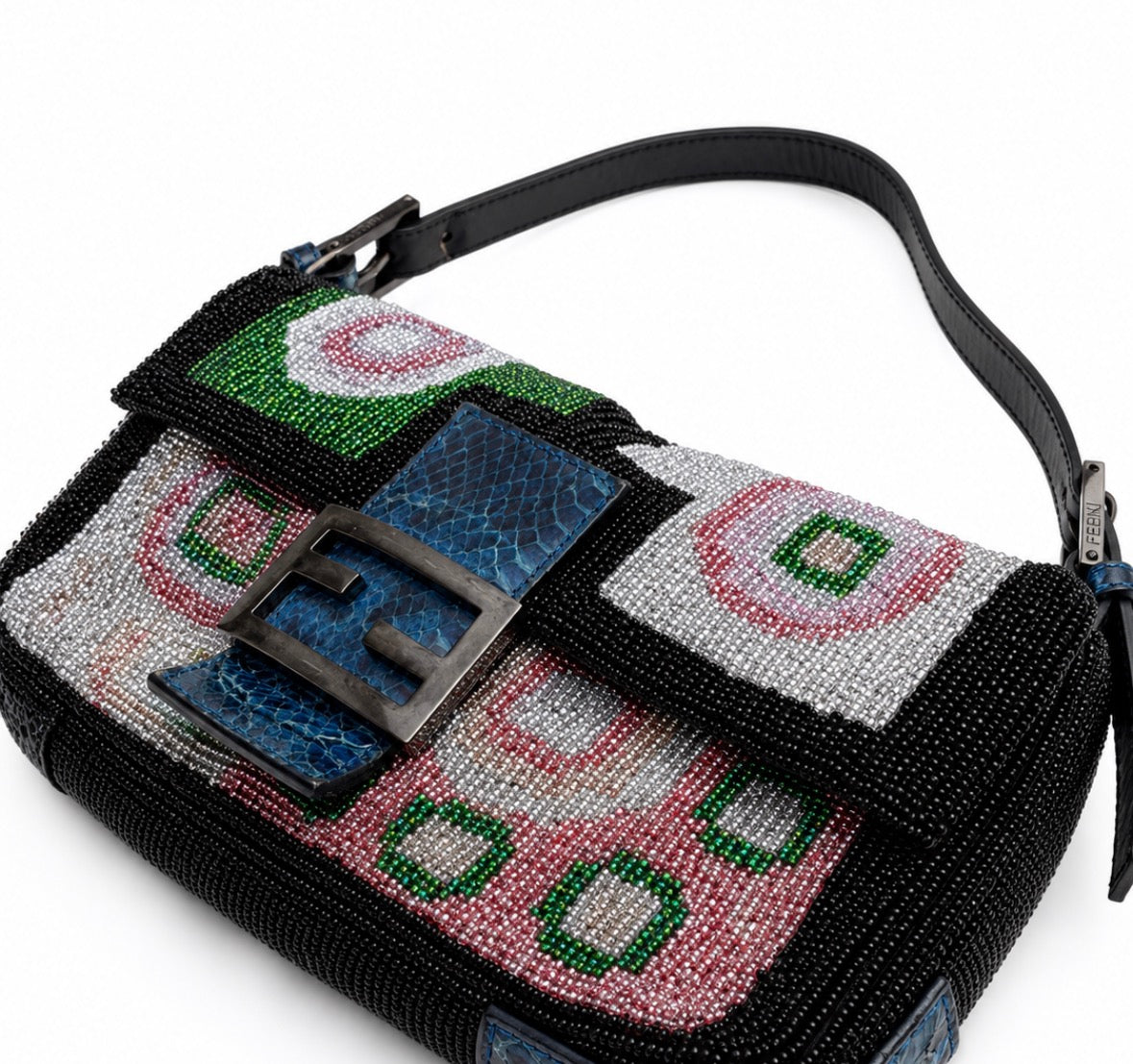 Iconic 1990s Fendi Baguette featuring gorgeous bead work and beautiful teal python  strap.