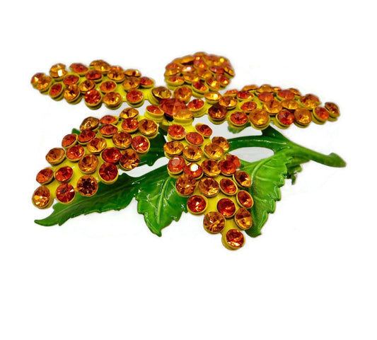 Fabulous 1960s Yellow and Green Metal Enameled Flower Brooch with Shades of Orange Rhinestones