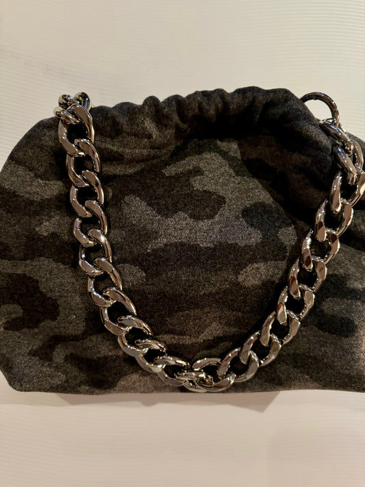 Exclusive Limited Edition Vavra New York wool blend grey camouflage bag. Converts from clutch to shoulder strap with chunky chain shown. Black lining with interior pocket.