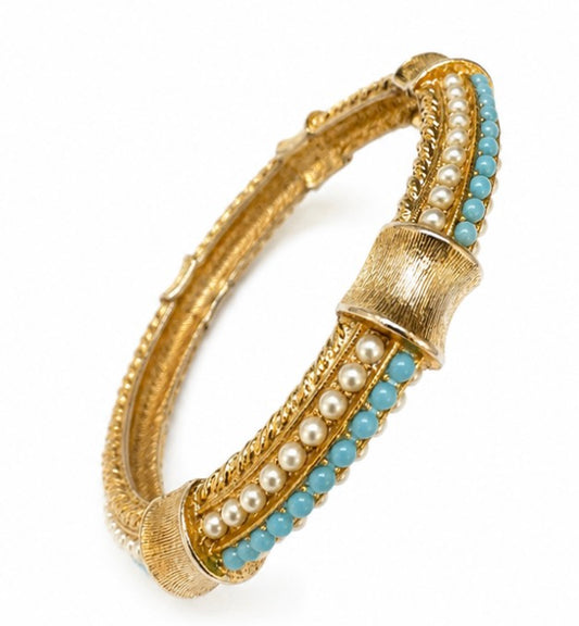 Beautiful vintage signed ART clamper bracelet with turquoise and pearl colored stones