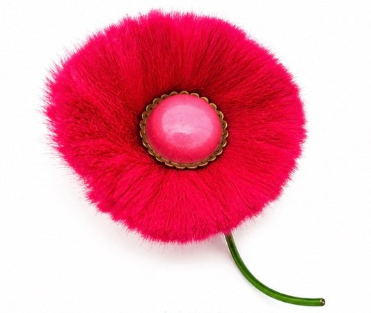 Highly collectible Unsigned Hattie Carnegie Large Bright Pink Dynel Fiber Flower Brooch in pink