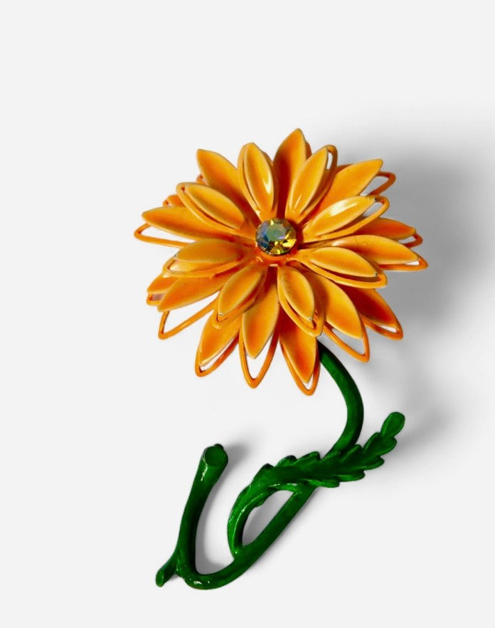 1970s Vintage  Orange  Enameled  Multi Layered Petals with  Clear AB Rhinestone Center and Green Stem and Leaf Flower Brooch.