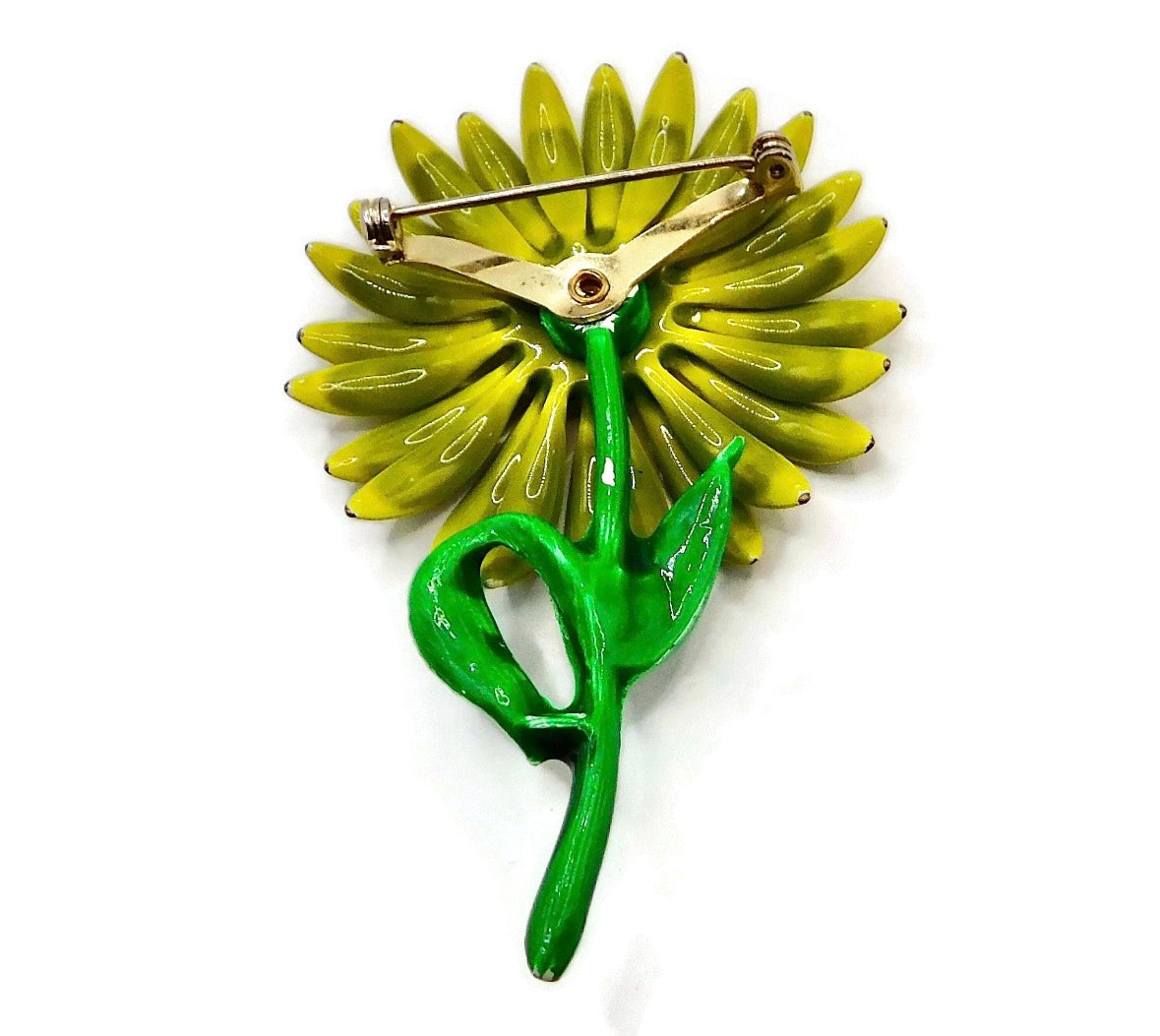 1960s Vintage Double Layered Petals Green and Yellow Daisy  MOD Flower Brooch.