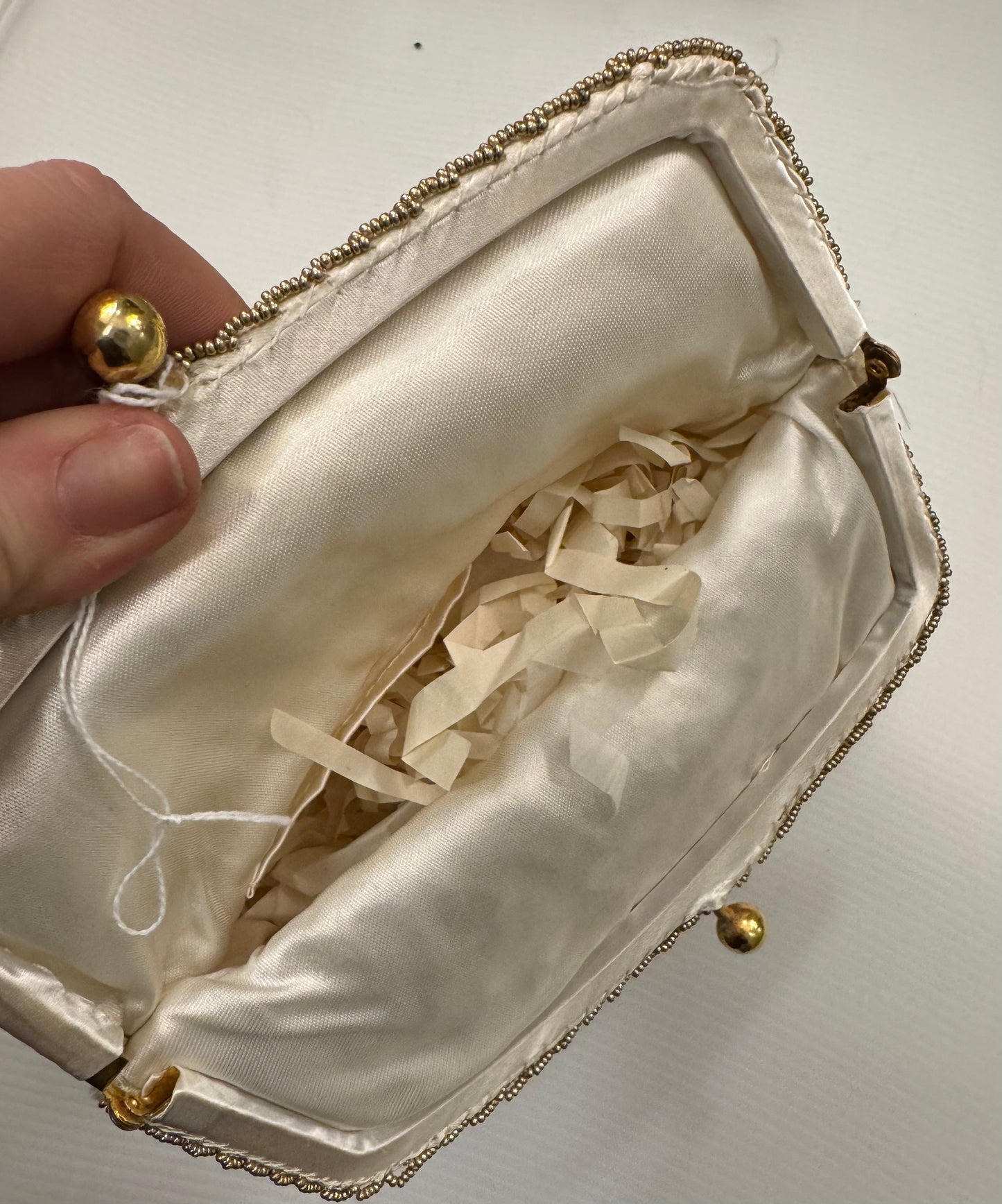 Stunning vintage silk clutch with gold beads in original box with original note