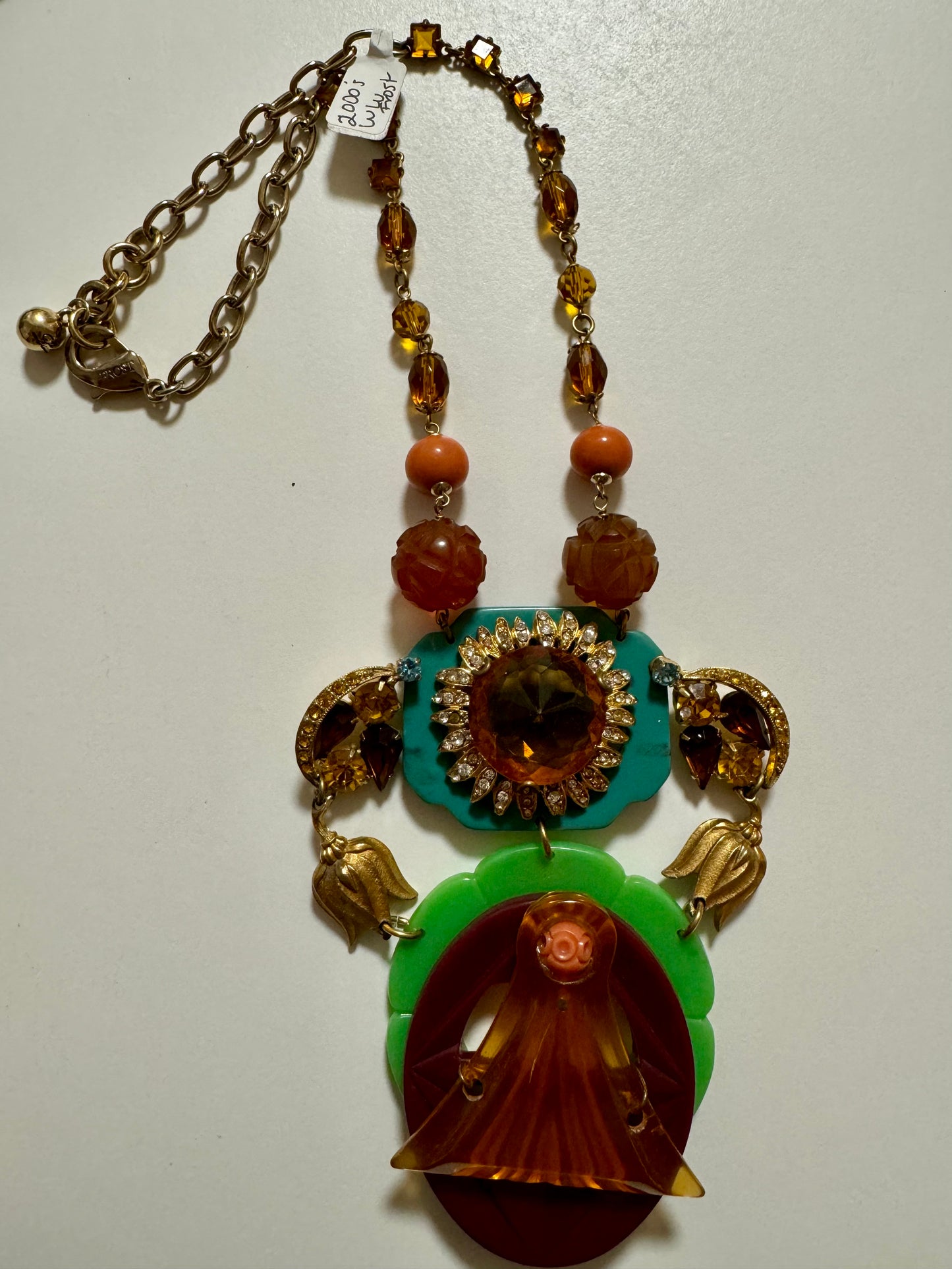 2000s LuLu Frost pendant necklace made from vintage jewels and bakelite buckles