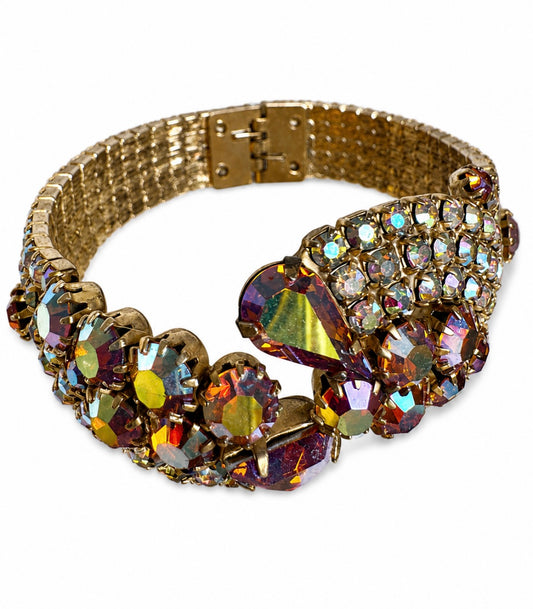 Beautiful 1950s amber colored and aurora borealis rhinestone clamper bracelet
