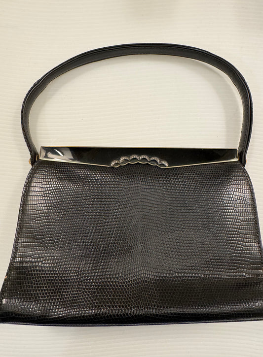 Gorgeous Black 1940s lizard top hand bag with enamel hardware. Made for Saks Fifth Avenue in France