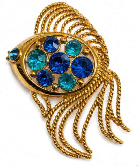 Signed vintage NAPIER book piece fish brooch with shades of blue rhinestones