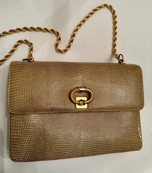 Beige vintage 1950s lizard bag by Finesses with shoulder chain and removable lizard top handle and 4 compartments