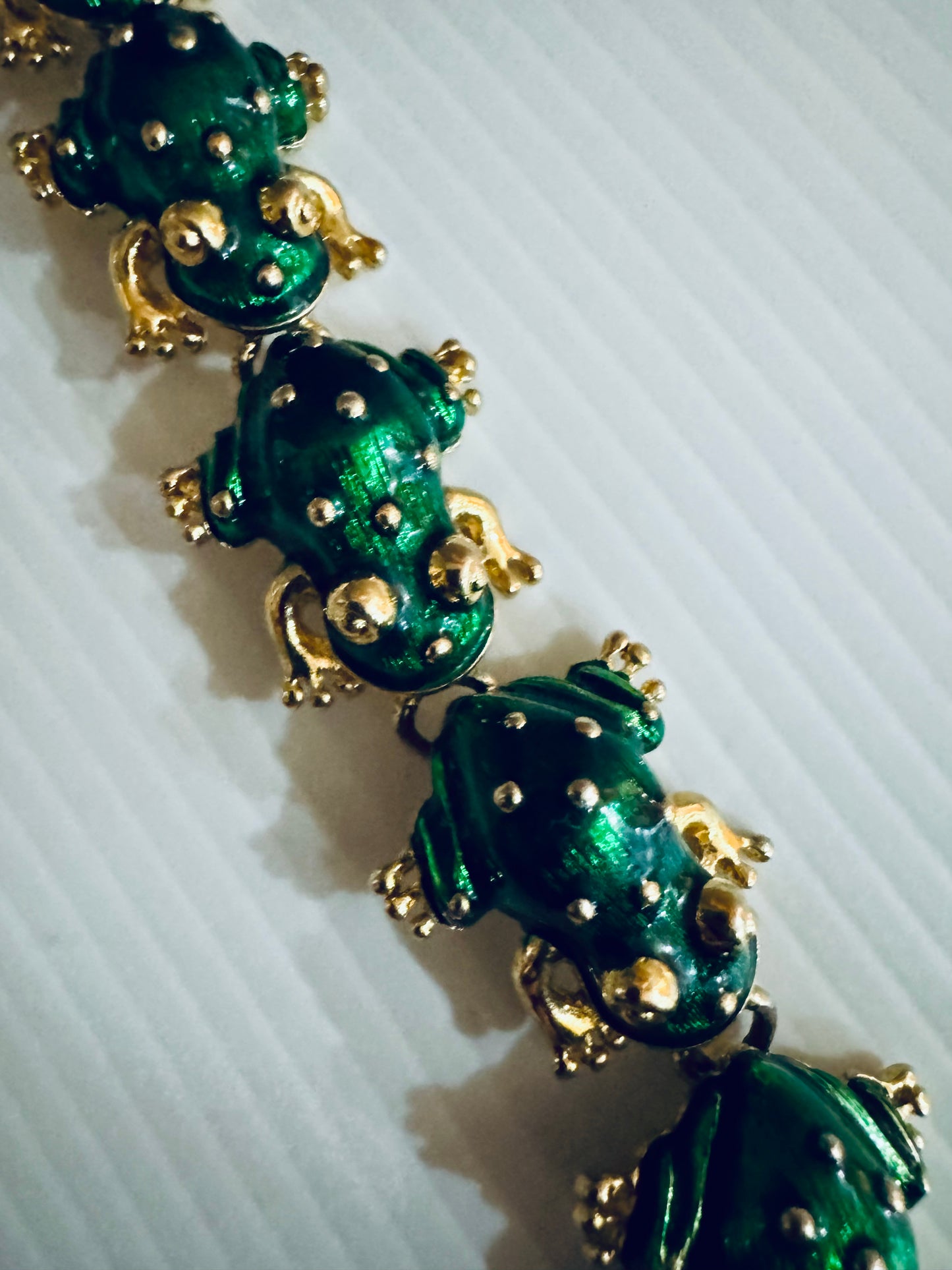 Fun vintage KJL Kenneth J Lane goldtone with green enamel frog bracelet