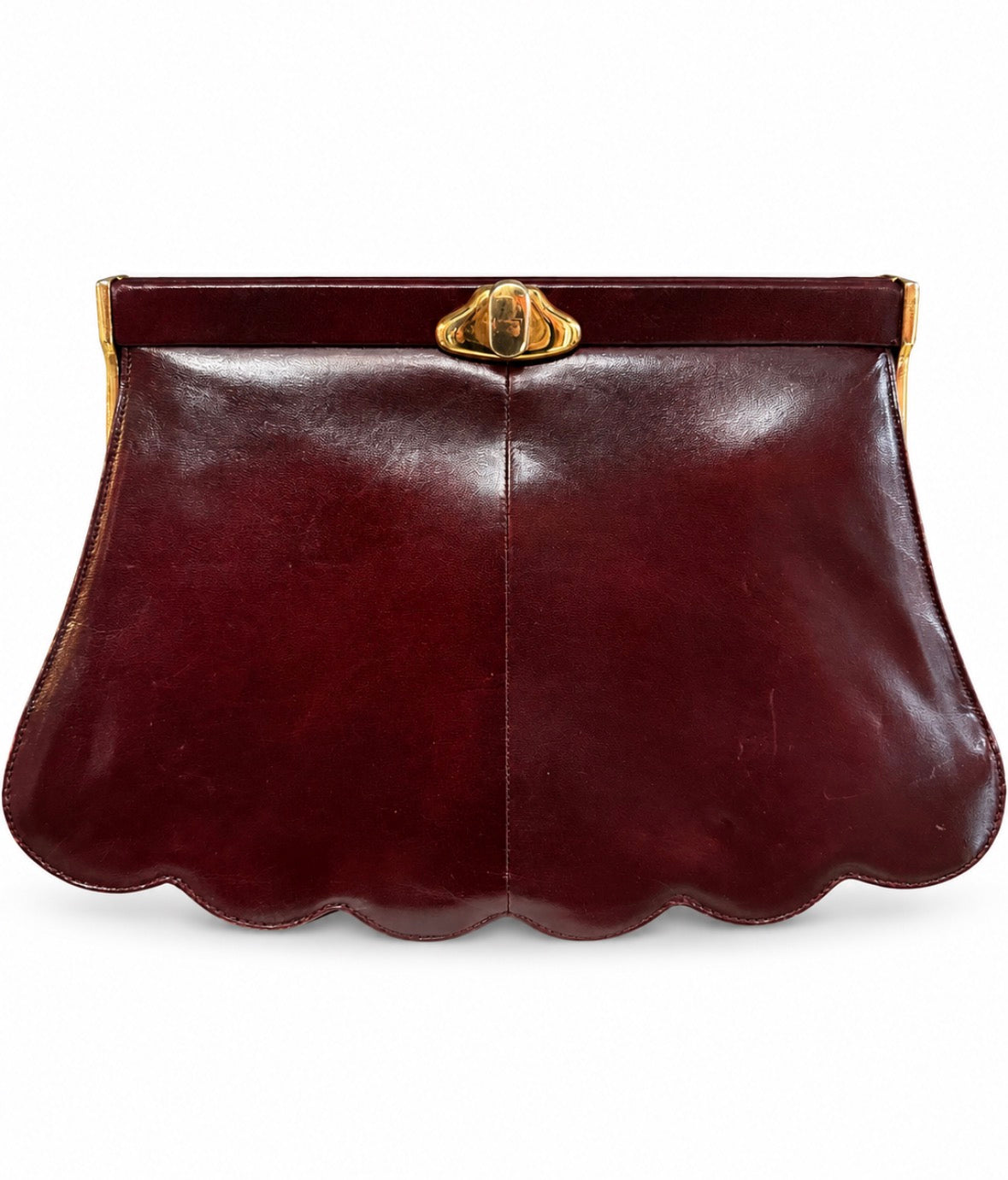 Gorgeous vintage dark burgundy leather Charles Jourdan scallop bottom clutch