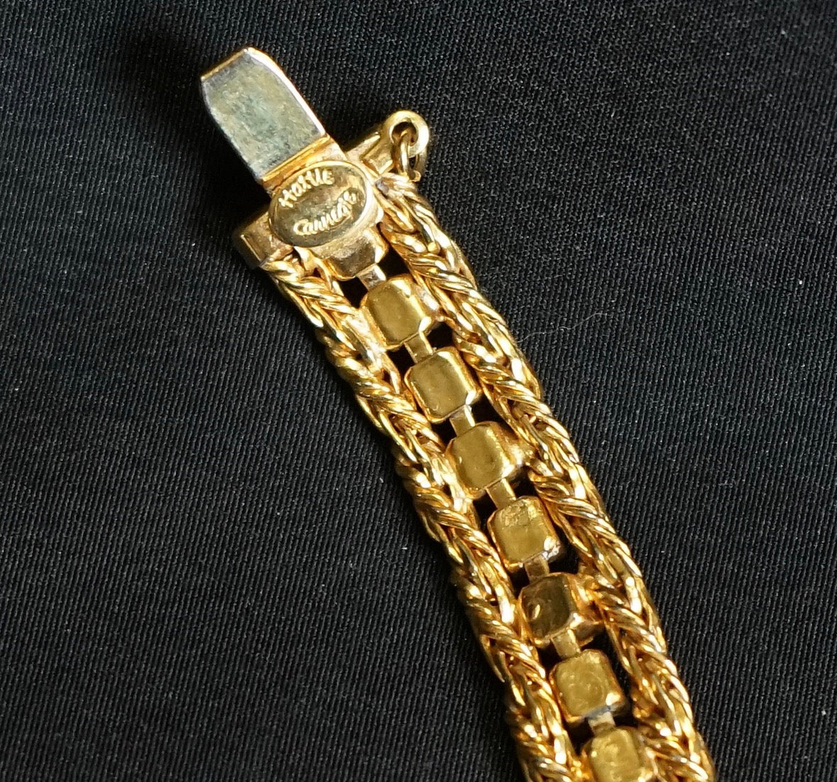 1940s Hattie Carnegie delicate bracelet with clear crystal and blue rhinestones