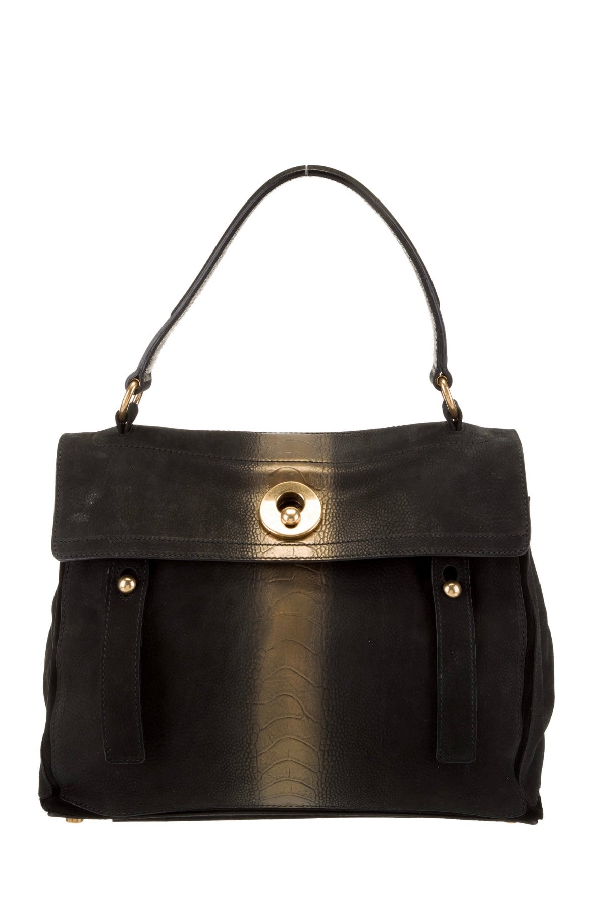 Yves St Laurent leather handbag in black with gold color block top handle