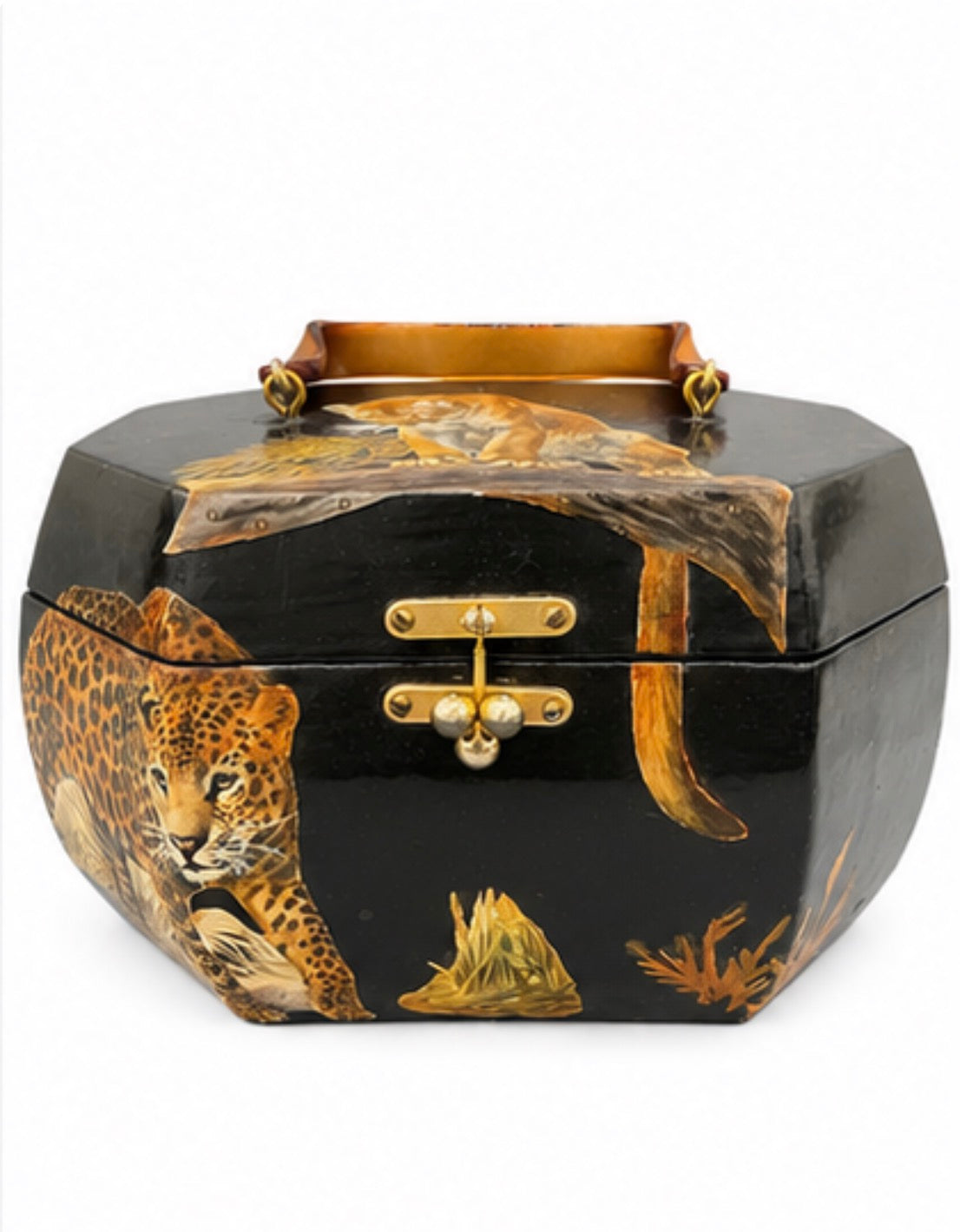 Vintage black lacquer wooden handbag with leopard decoupage and brass clasps. from 60-70s inside bright quirky fabric appropriate for decade.