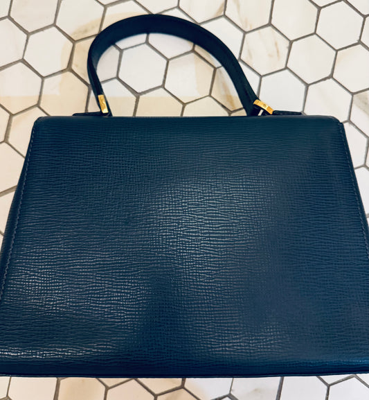 Vintage Courreges Paris Navy Leather "kelly" top handle handbag