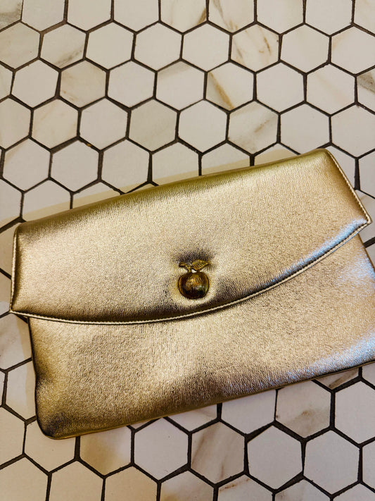 Vintage 1970s gold clutch/ shoulder strap with apple