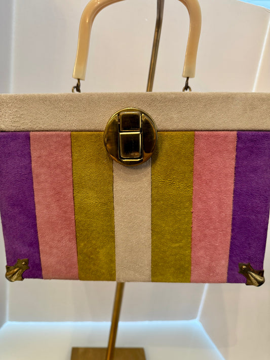 Vintage suede ivory purple, pink and green box bag with green interior