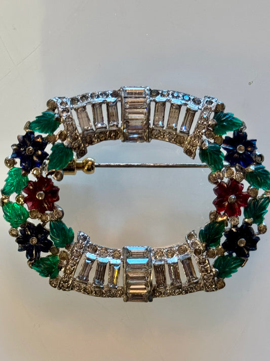 Vintage 1930s with beautifully cut tones in ruby red, blue sapphire and emerald green