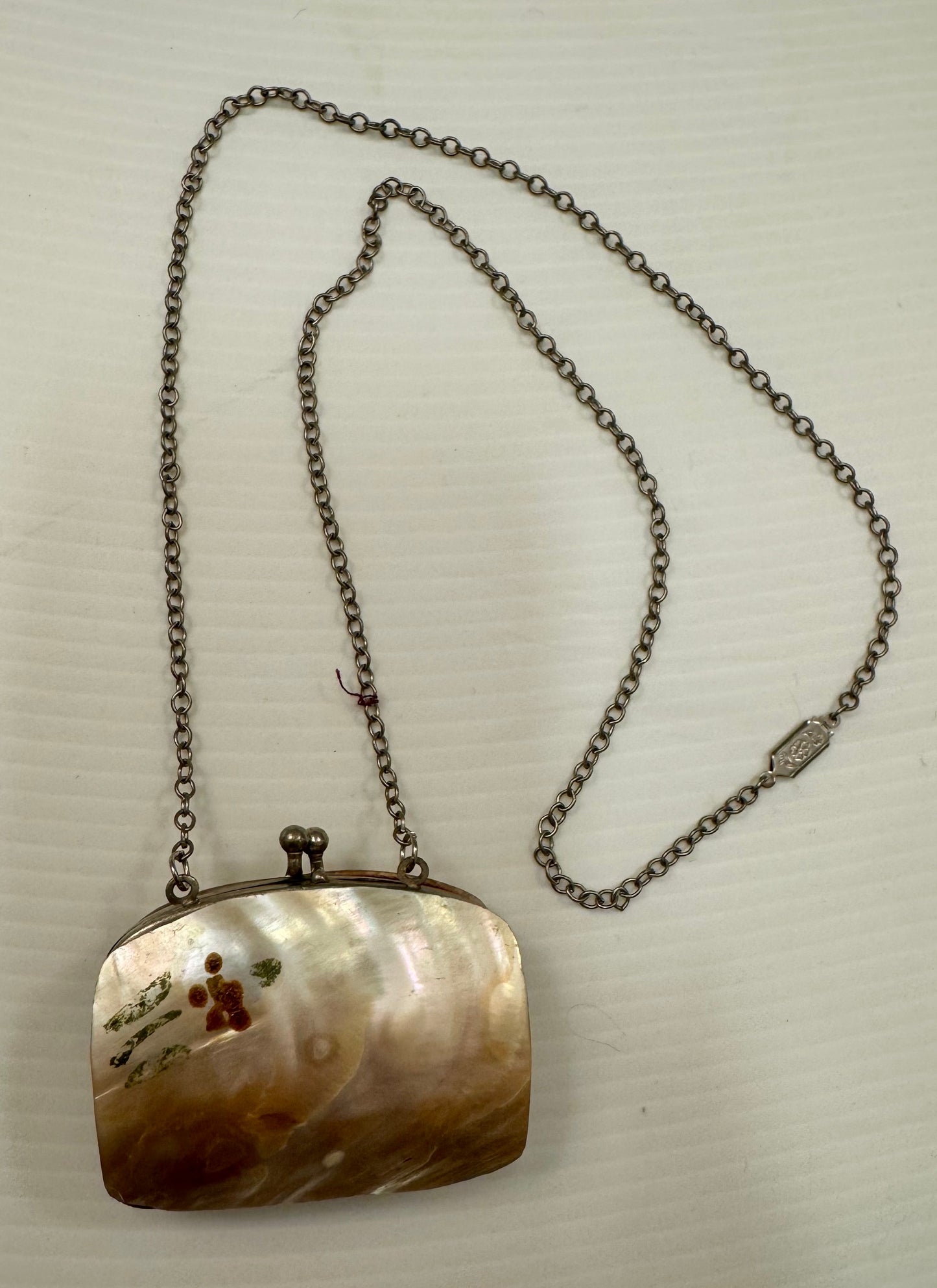 1930s sterling mother of pearl hand painted coin purse necklace