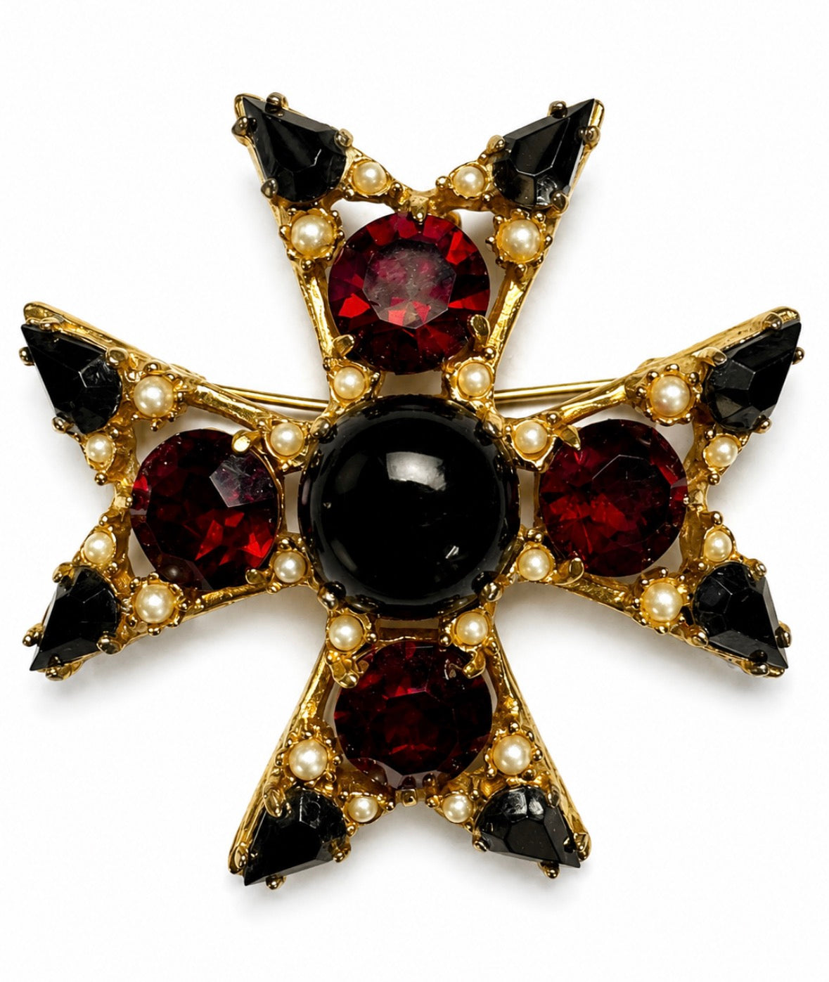 Signed vintage Benedikt brooch in red and black rhinestones with pearls