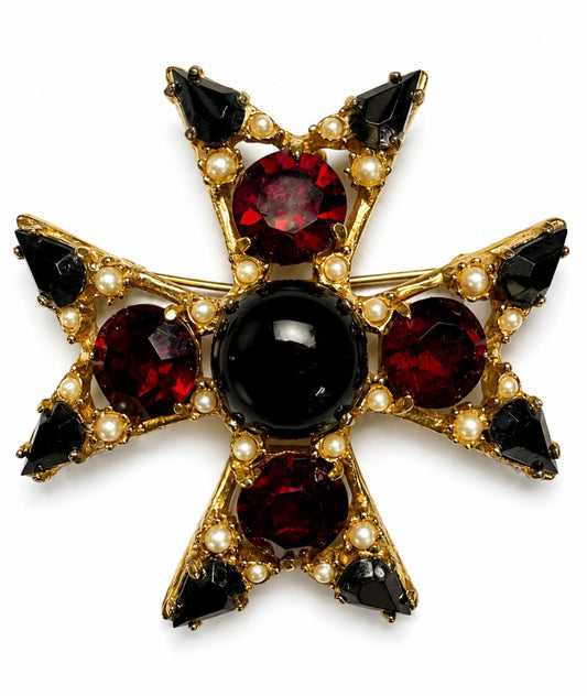 Signed vintage Benedikt brooch in red and black rhinestones with pearls