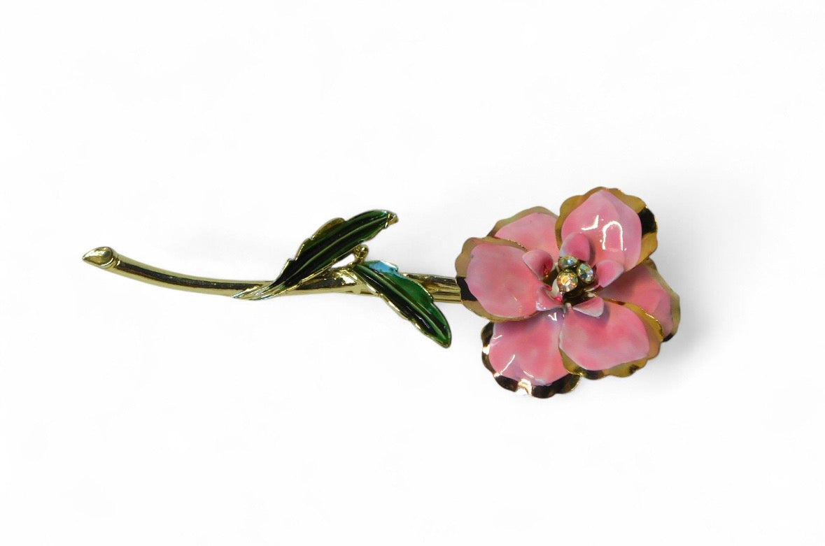 Beautiful 1960s Vintage Gold tone flower brooch with Pink Enamel Petals, Clear AB Rhinestones and Green Enameled Leaves