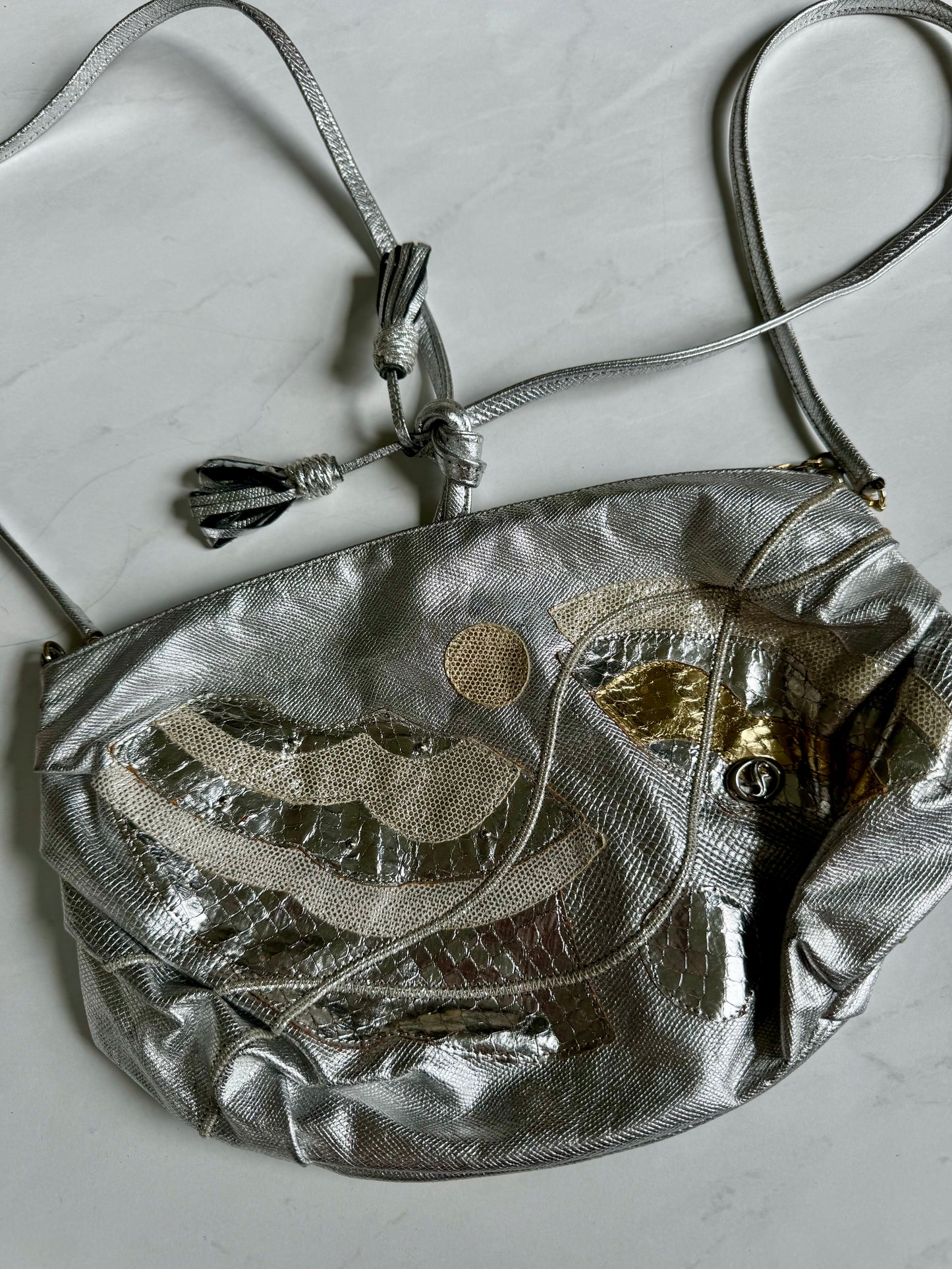 Silver and gold leather Carlos Falchi crossbody bag
