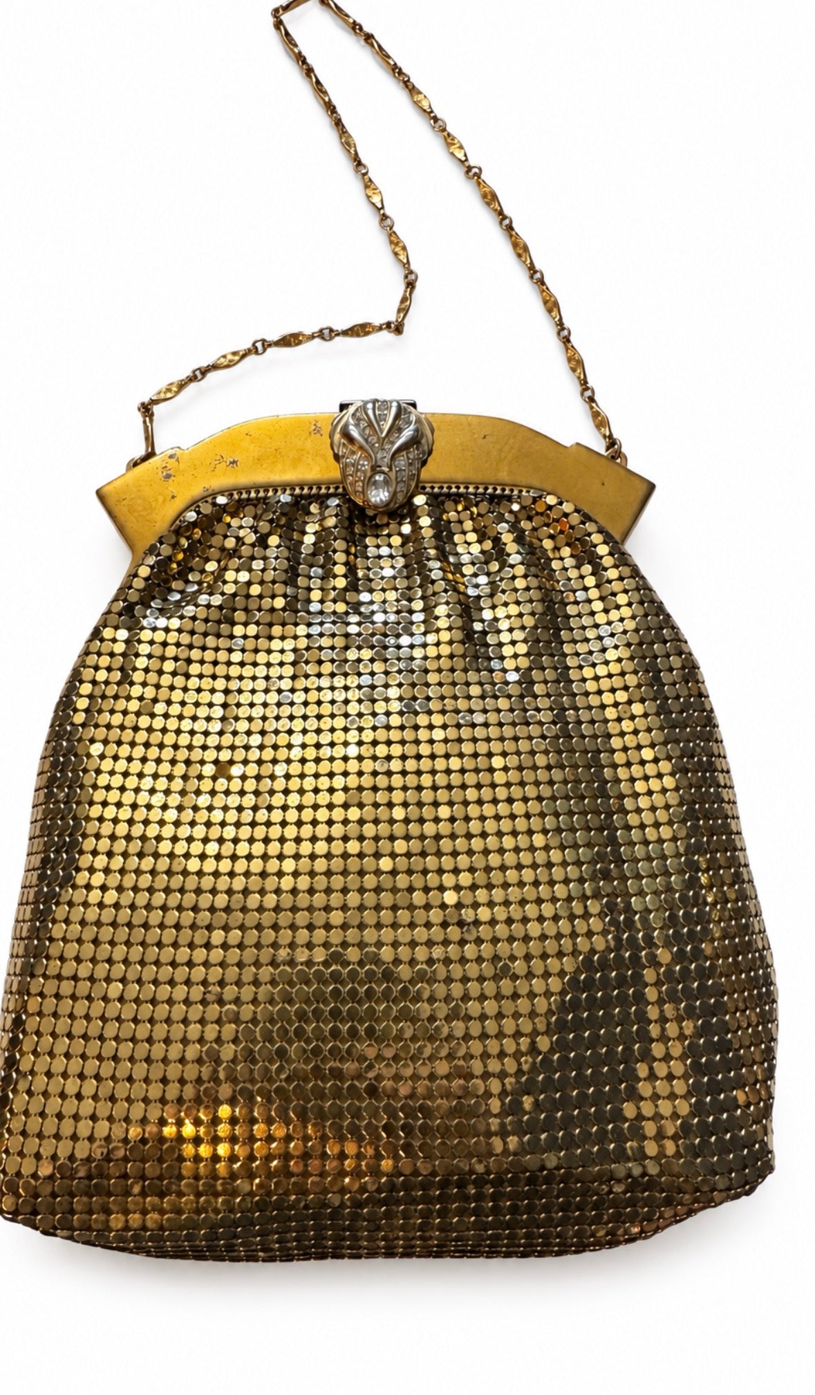 1940s Whiting and davis gold mesh bag with rhinestone clasp
