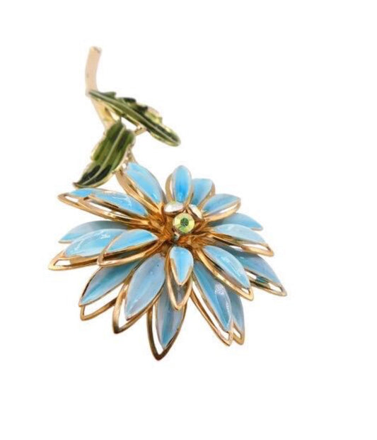 Vintage 1960s Gold tone flower brooch with Blue Enamel Petals, Clear AB Rhinestones and Green Enameled Leaves Brooch.