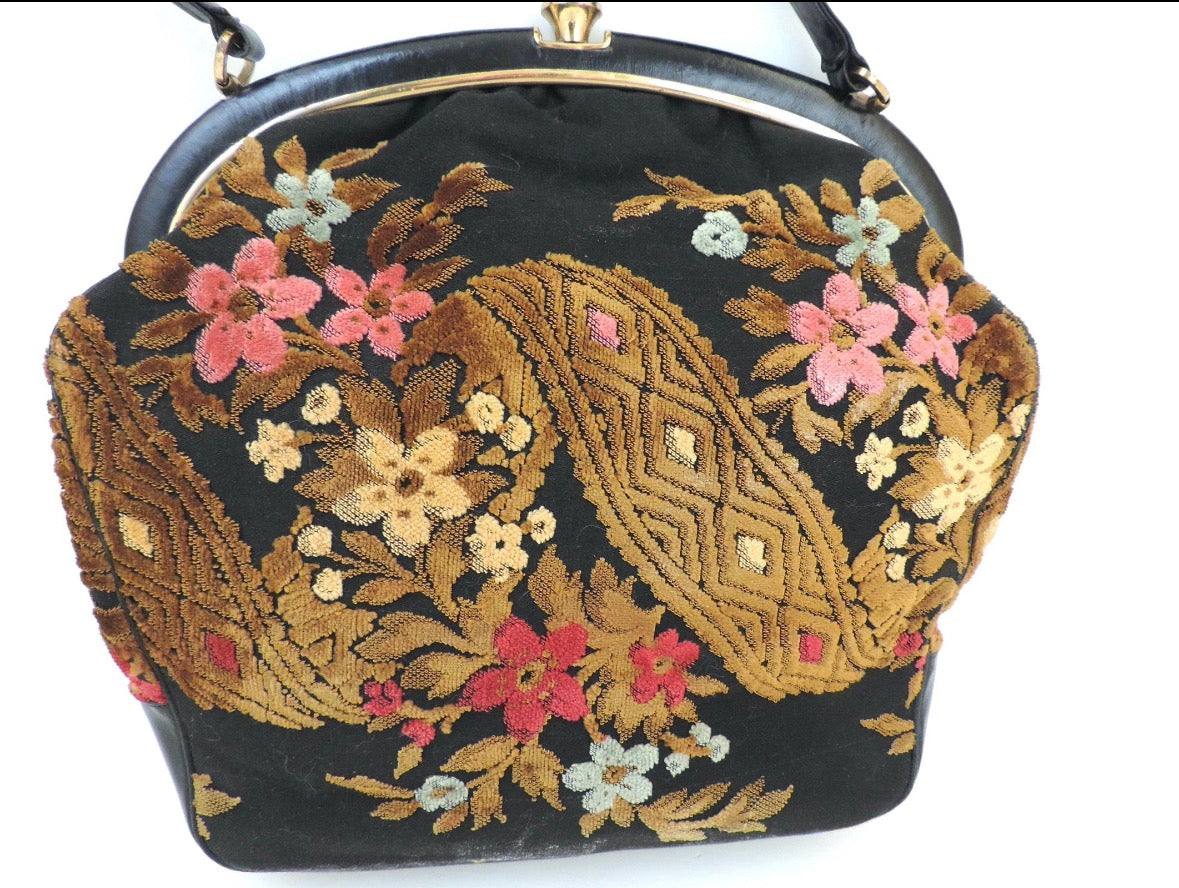 Vintage 1960s Rosenfeld Floral Burnout Velvet Black
Leather Purse Top Handle