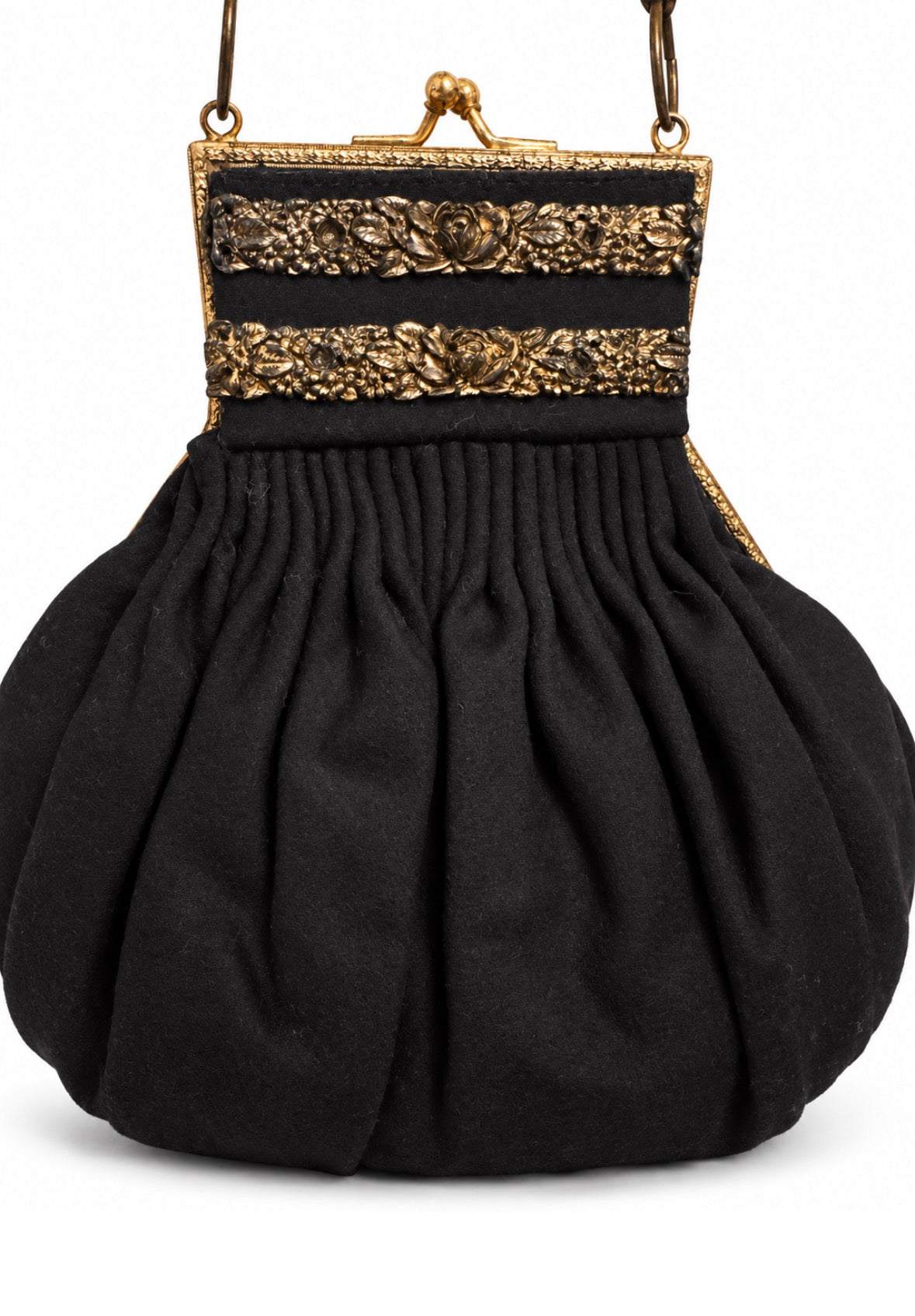 Beautiful 1930s/40s black wool clamshell opera bag with gold tone rosette metal frame