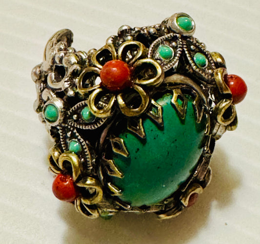 Sweet romance statement ring signed with green and red cabochons