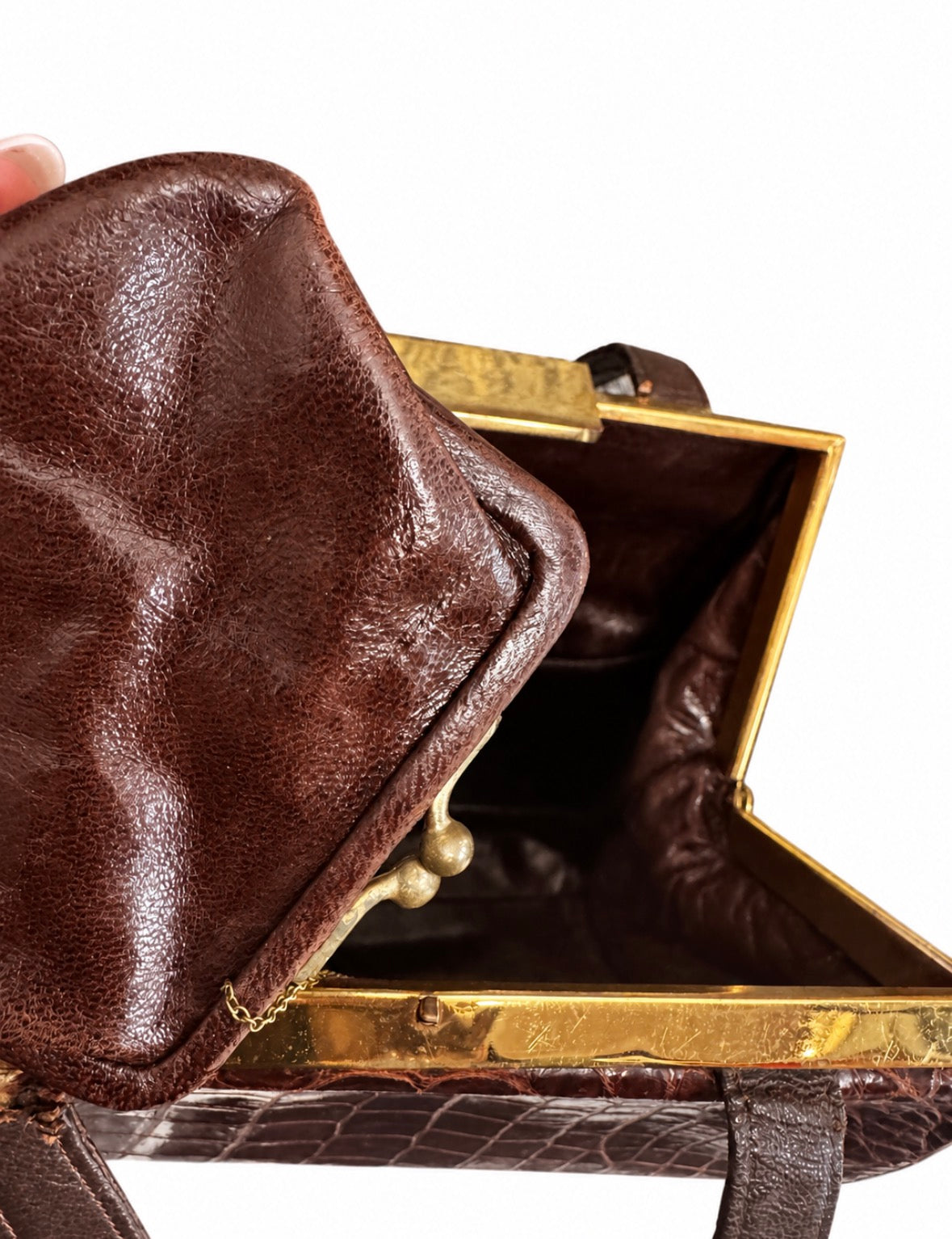 Beautiful chocolate brown exotic shoulder bag with mini leather coin purse and mirror