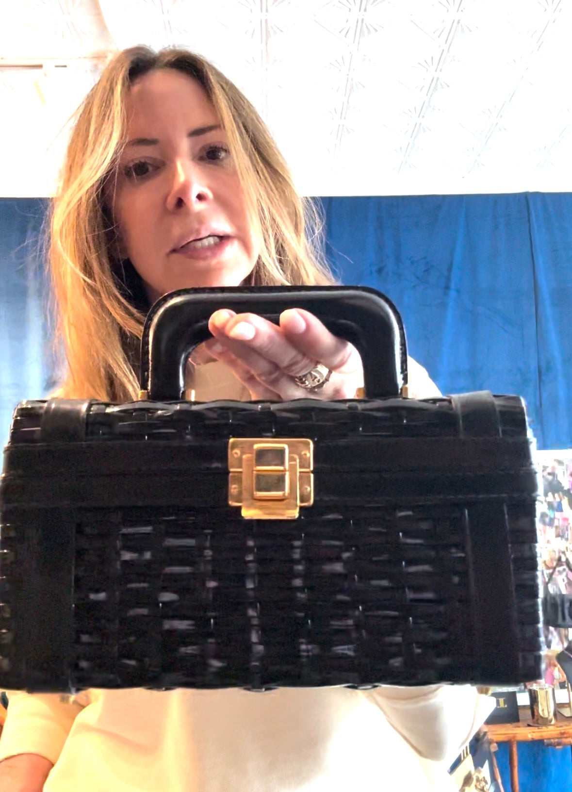 Vintage 1950s black wicker box bag, in beautiful condition