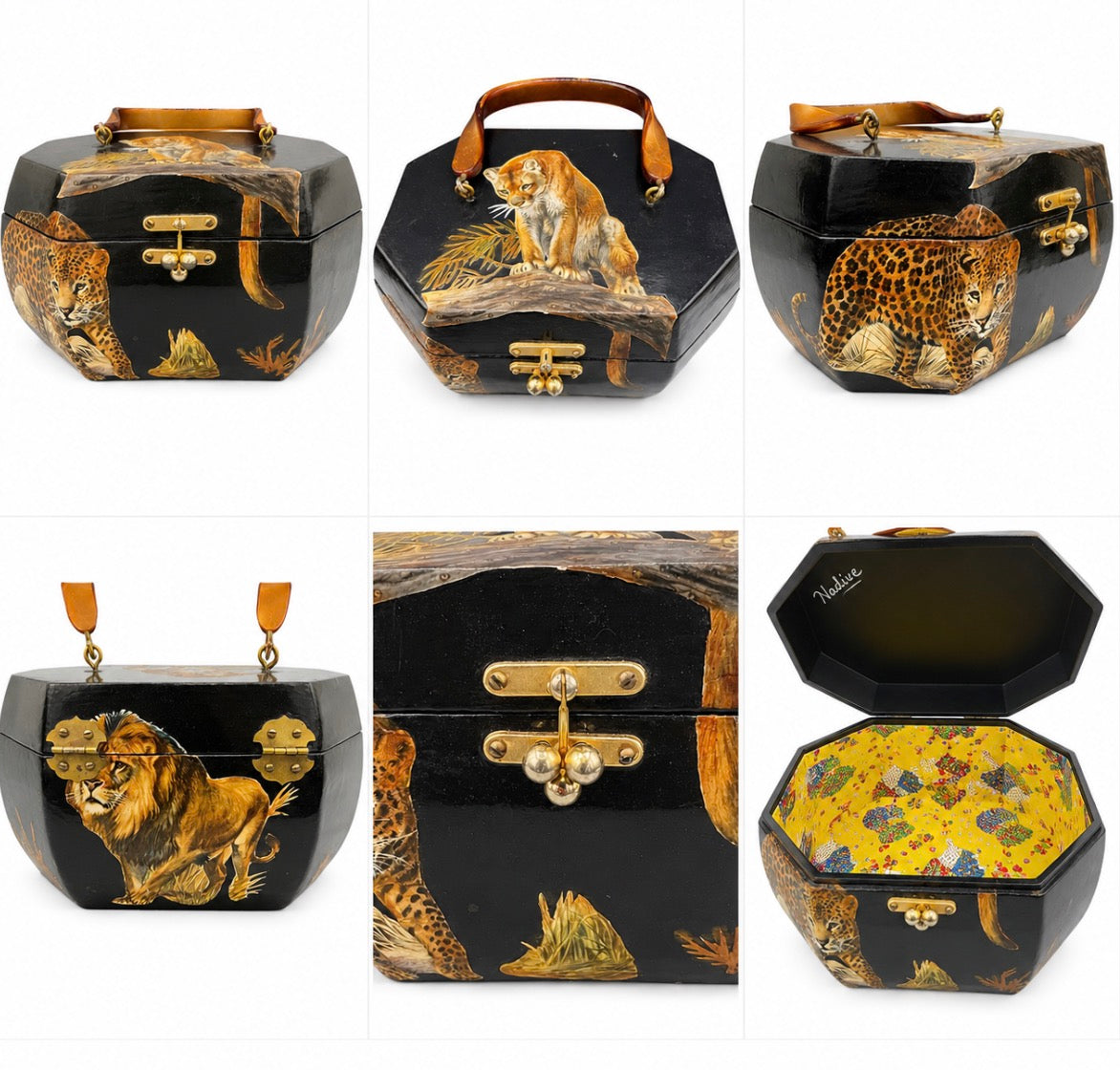 Vintage black lacquer wooden handbag with leopard decoupage and brass clasps. from 60-70s inside bright quirky fabric appropriate for decade.