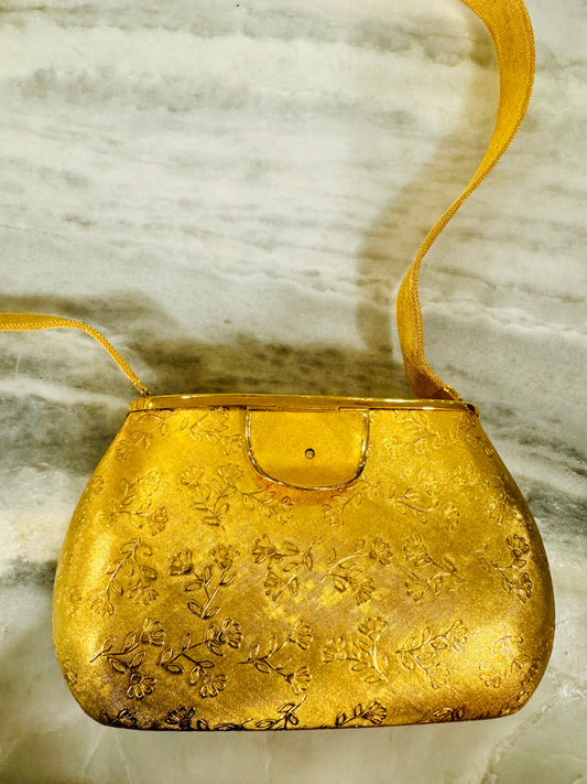 RARE Rosenfeld metal hard shell and brass strap with flower engraving found in pristine condition. Velvet lining. Made in Italy. Precious.