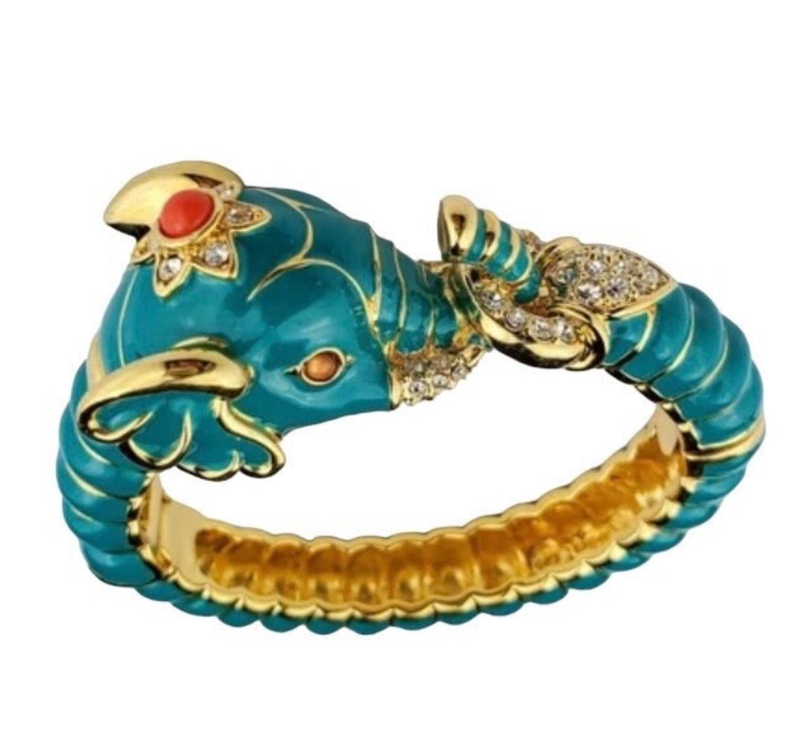 1990s signed Kenneth, Jay Lane aqua enamel and rhinestone clamper bracelet ￼