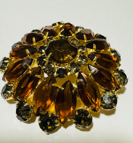Mid-century rhinestone brooch with amber in light grey stones eight. A true unsigned Beauty,.