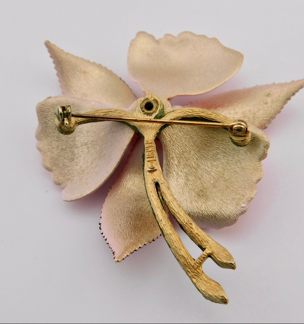 1950s signed LISNER Enameled Flower Brooch, Pink Aurora Borealis Rhinestones