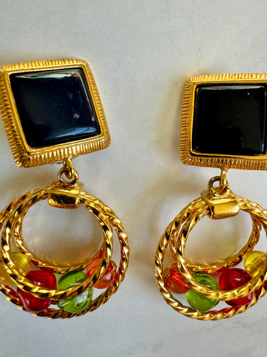 1980s gold tone clip earrings with multi color beads and midnight blue top square