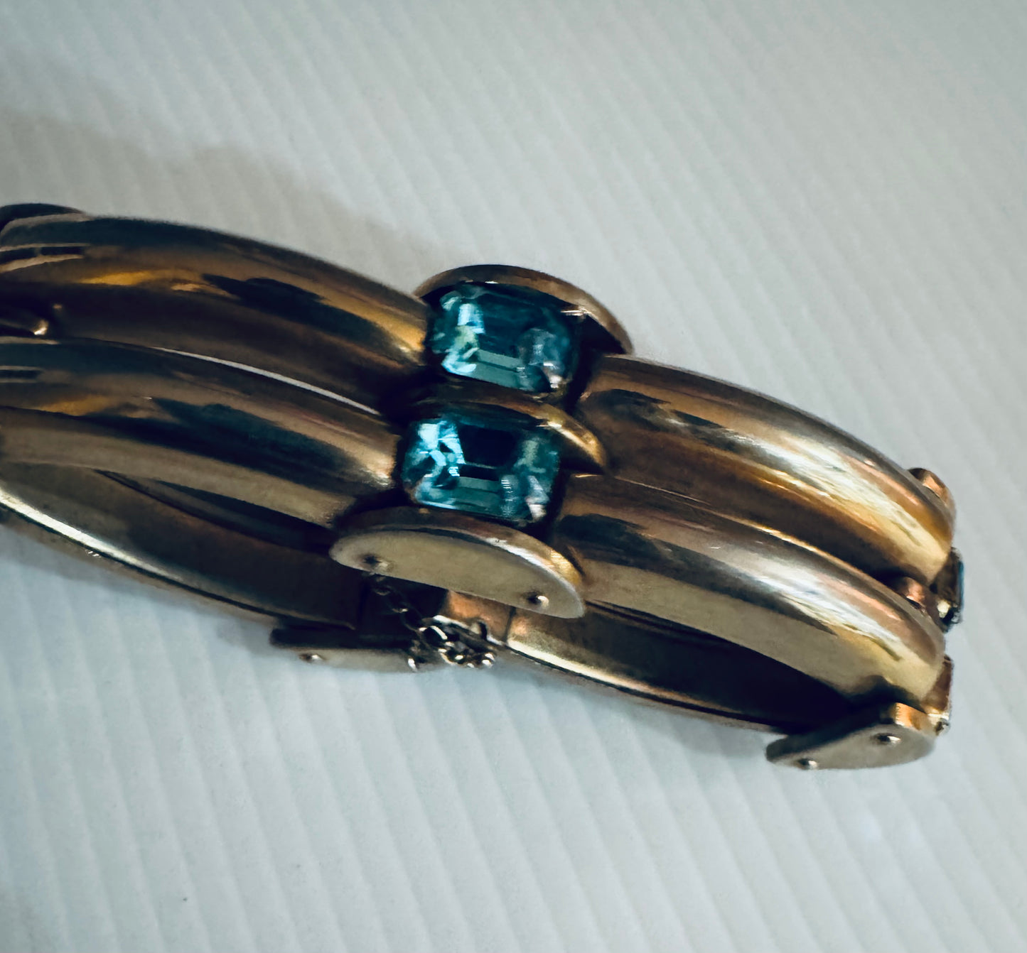 Sterling silver w gold plate vintage 1950s bracelet with aquamarine stones